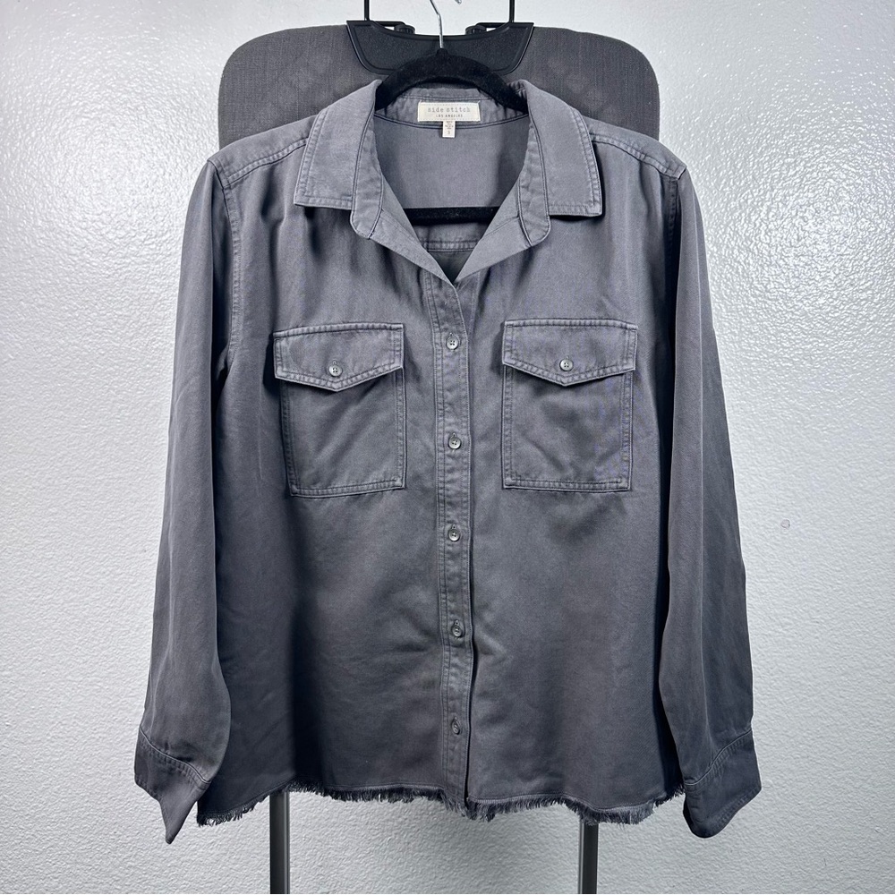 Side Stitch Women’s Front Button Down Gray Blouse Size S